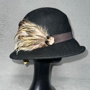 NWT Magid Hats Cloche Hat Side Feather Accent Women's Black 100% Wool